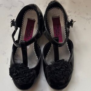 Black Girls Heel Shoe, Patent with Flower